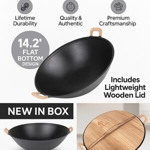 Brand New 14.2" Cast Iron Wok w/ Wood Lid | Pre-Seasoned | Flat Bottom | YFFutur